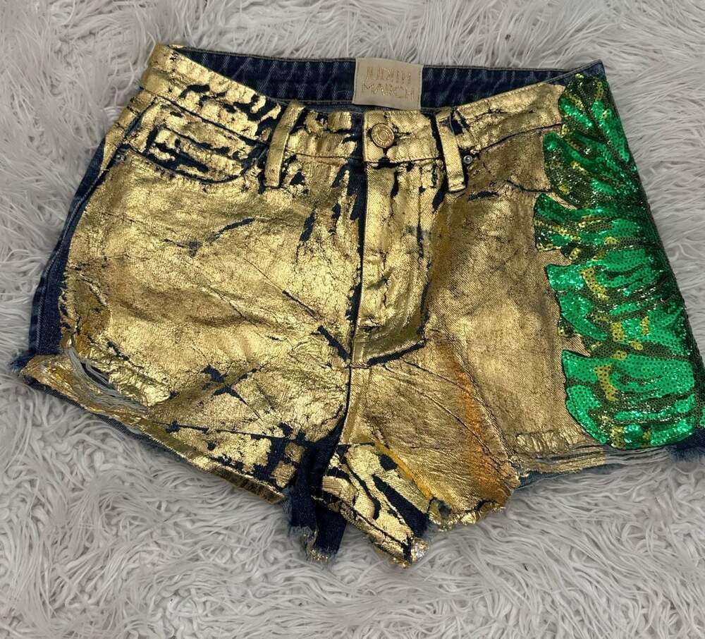 Judith March 5/27 Denim Shorts with Gold Paint and Green Sequins
